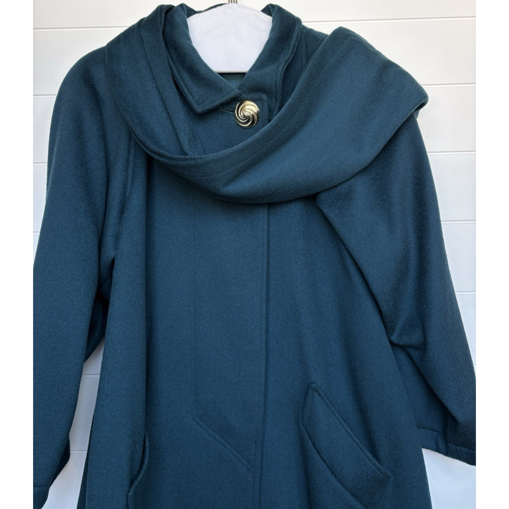 Vintage John Weitz Wool Overcoat Teal Gold Button Draped Scarf Collar Poland 12 - Picture 3 of 16